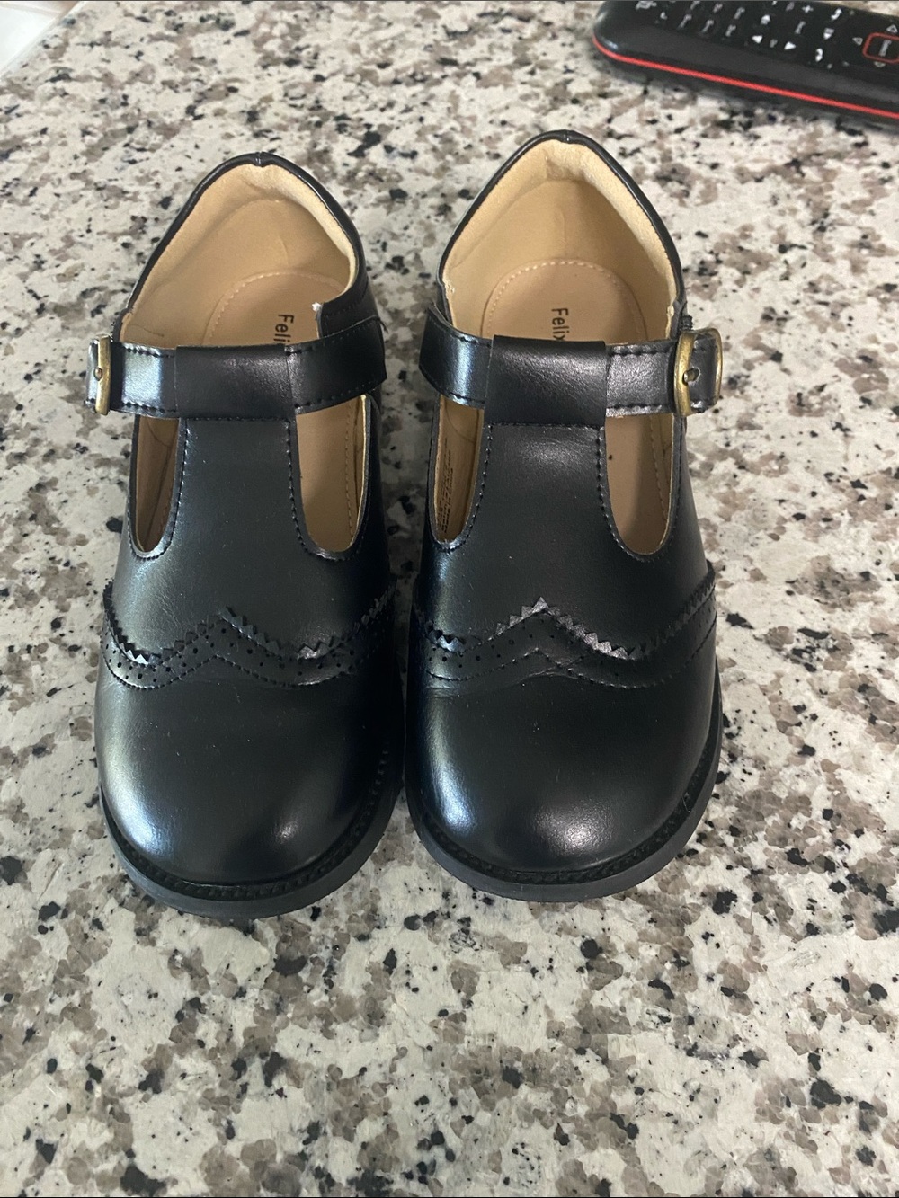 Kids Black T-Strap Dress Shoes with Decorative Brogue